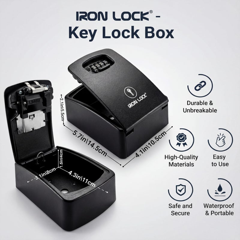 Iron LockÂ® Key Lock Box XXL Wall Mount â€“ Waterproof Outdoor Key Safe with Heavy-Duty Metal Body & 4-Digit Combination â€“ Lock Box for Keys Outside for Home, Rentals & Realtors (Black, XXL) - Image 4